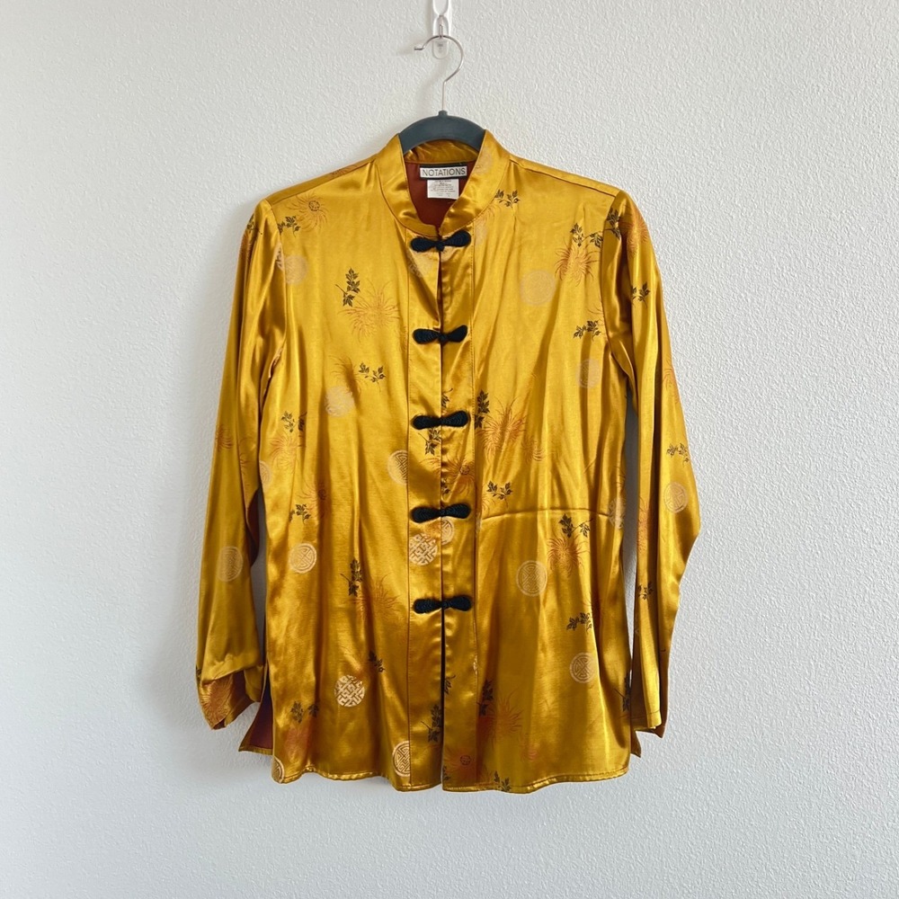 Vintage Notations Gold Blouse Frog Button Mandarin Collar S Maximalist Indie Y2K